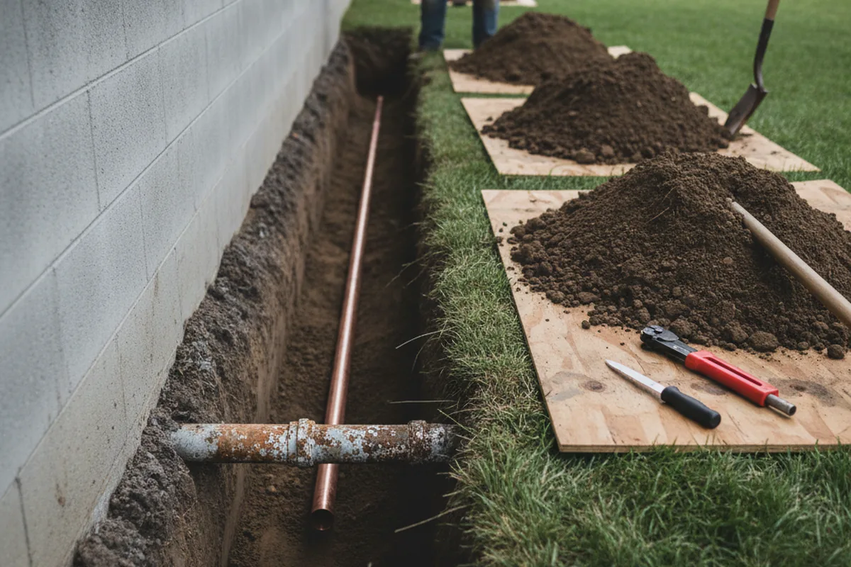 Excavated water line trench during Water Softener Installation in Rome